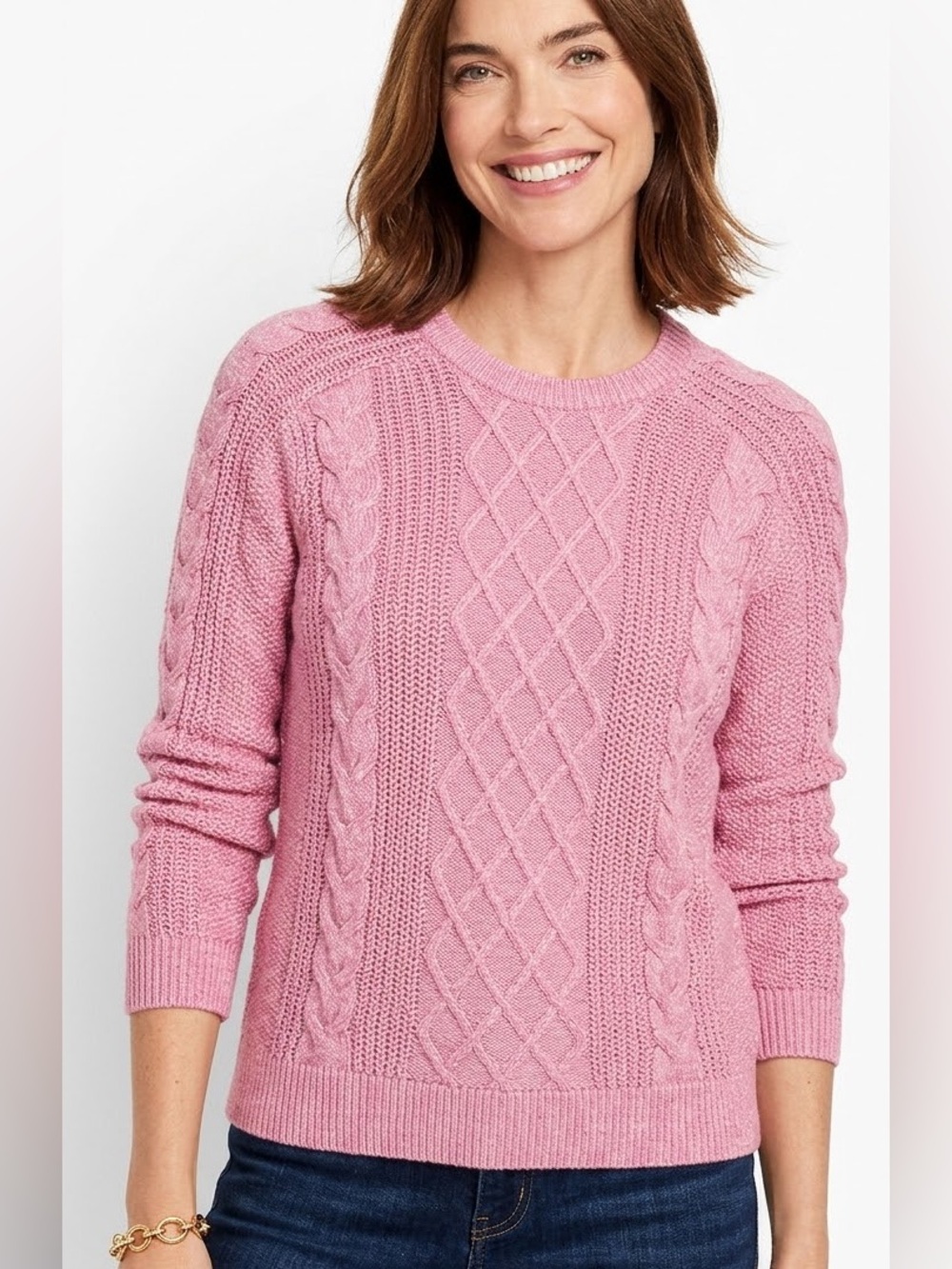 New Talbots L Pink Cable knit cotton Crewneck Sweater